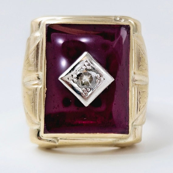 Vintage Mens 10K Gold and Ruby Ring with Diamond … - image 2