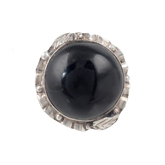 Black Onyx Ring in Sterling Silver - Large Domed Cabochon in Decorative Setting - Size 8.5