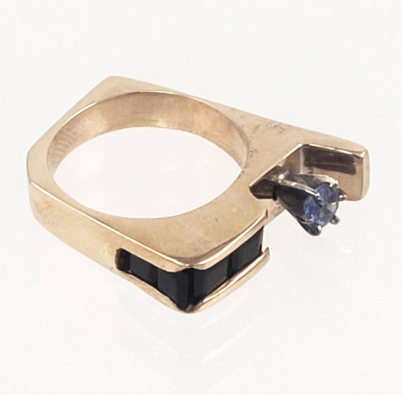 Modernist 14K Gold & Sapphire Ring • Unique Handc… - image 5