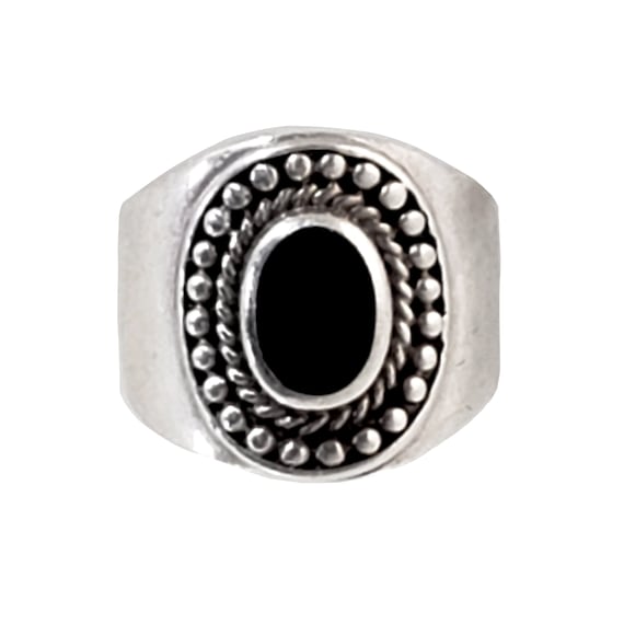 Vintage Sterling Silver and Black Onyx Ring - Wide Band - Size 7.75