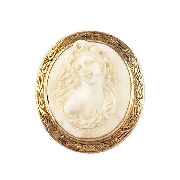 Antique Lava Cameo in 14K Gold - High Relief Pendant Brooch- Hand Engraved Bezel - 1.5" Tall