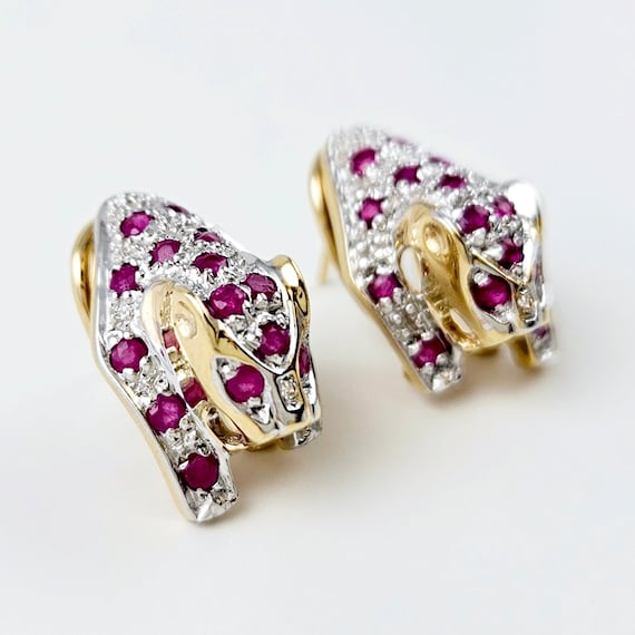 14K Gold Ruby Diamond Panther Earrings: Two-Tone … - image 2