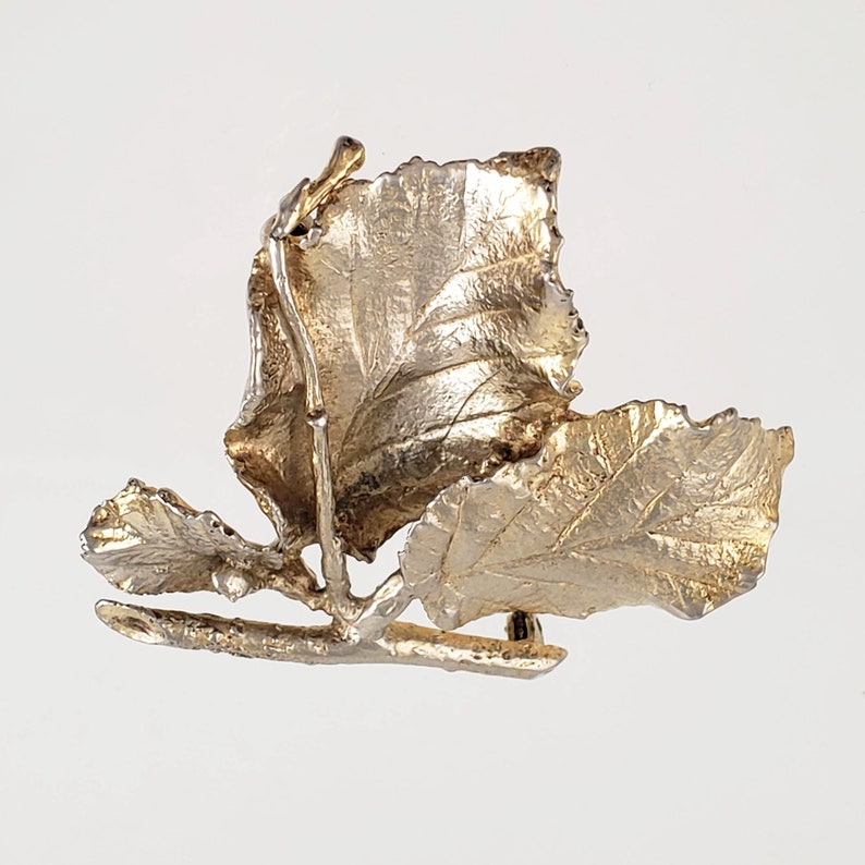 Vintage Gilded Sterling Silver Brooch Natural Leaf and Twig Design by Napier 2 Tall