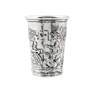 Antique Silver Cup - Small Hanau Silver Repousse Cup or Shot Glass - Picnic Scene & Cherubs - 1.75" Tall