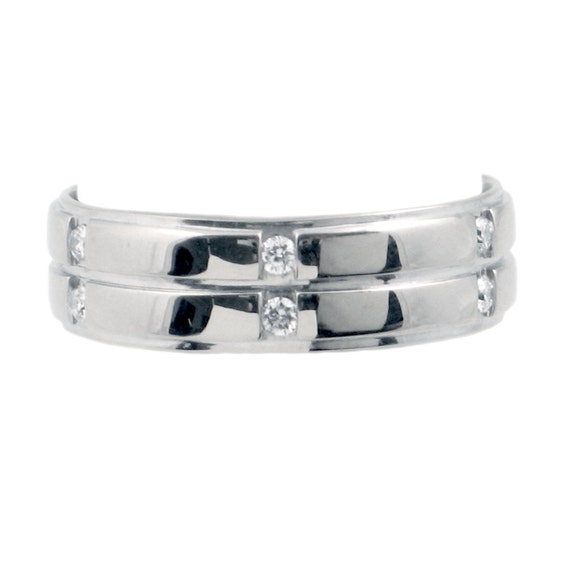 Mens 14K White Gold Band with 6 Diamonds - Double… - image 1