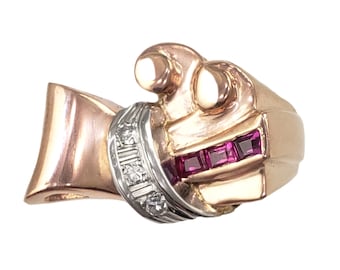 Retro 14K Rose Gold, Platinum, Diamond and Ruby Stylized Bow Ring - Size 5