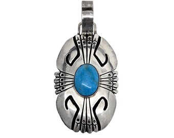 Vintage Scarf Pendant Sterling Silver and Turquoise - Southwestern Large Bail - 3" Tall