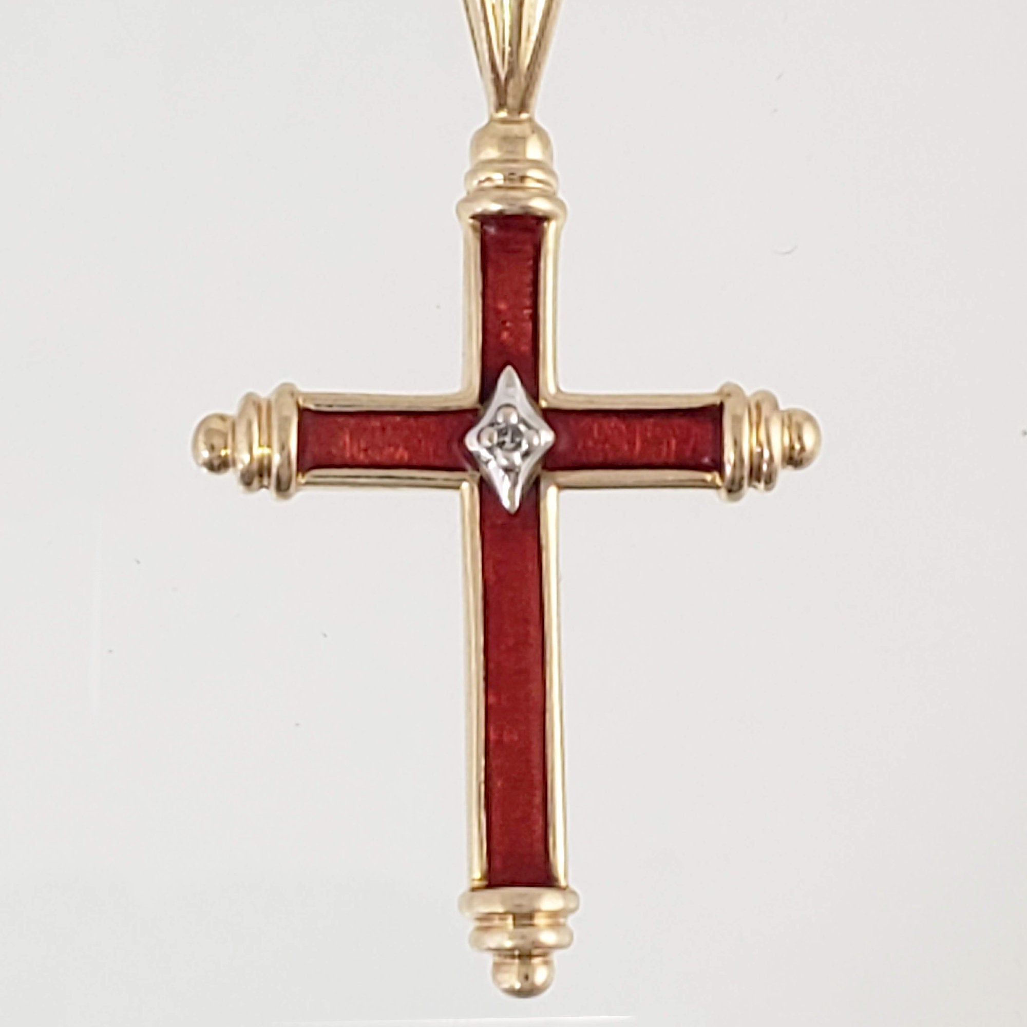 14K Gold Cross Necklace with Red Enamel and Diamond Etsy