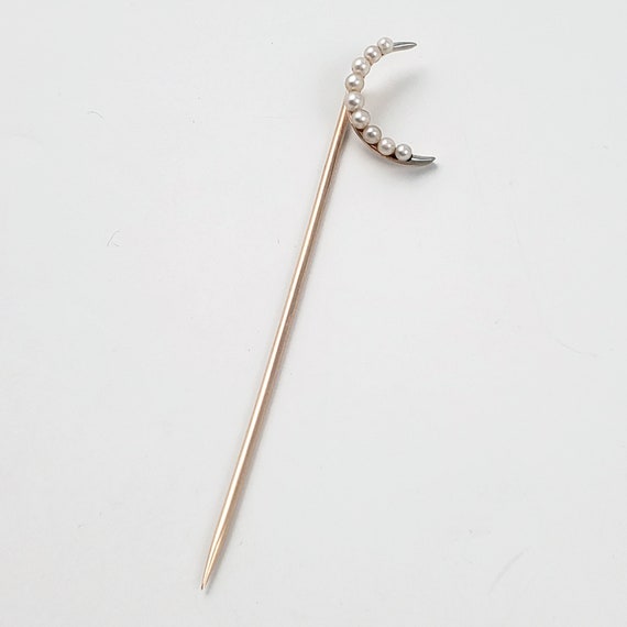Antique 14K Gold and Pearl Crescent Moon Stickpin… - image 3