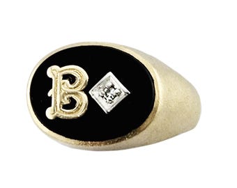 Estate 10K Gold B Initial Signet Ring - Black Onyx and Diamond - Unisex Size 8.25
