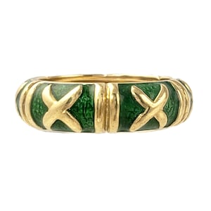 18K Gold Ring with Bright Green Enamel - Xs and Stripes Band - Size 6.5