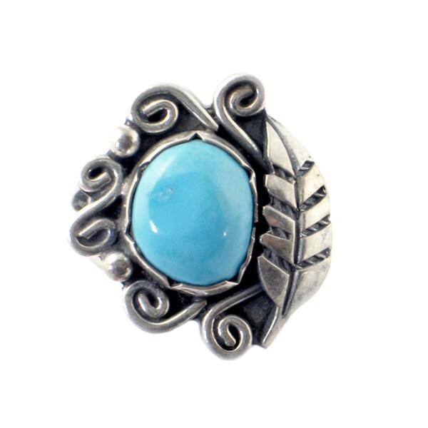 Vintage Turquoise Ring in Flower Design - Signed J Nezzie Ring - Southwestern Silver and Turquoise Ring - Size 6.25