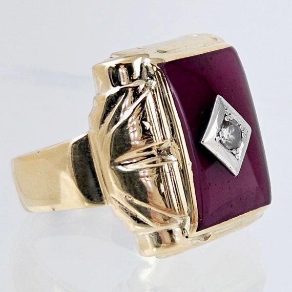 Vintage Mens 10K Gold and Ruby Ring with Diamond … - image 3