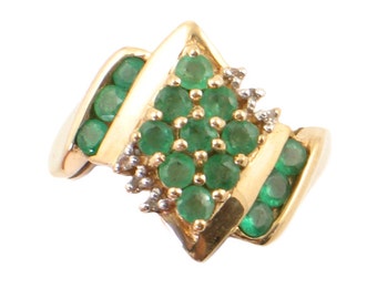 Emerald Ring in 14K Gold - 15 Emeralds with Diamond Accents - Vintage Cocktail Ring - Size 5