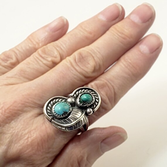 Silver and Double Turquoise Ring Signed E Ration … - image 4
