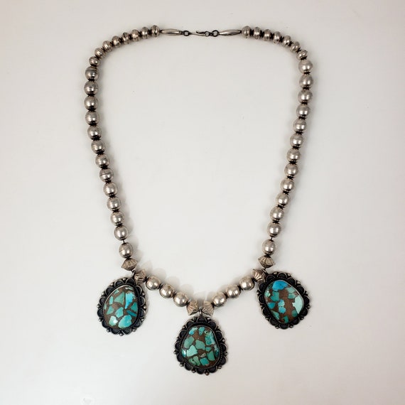 Vintage Southwestern Silver Bead Necklace with 3 … - image 2