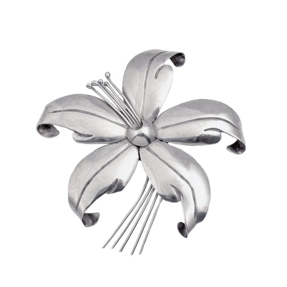 Vintage Silver Flower Brooch - Large Mexican Brooc