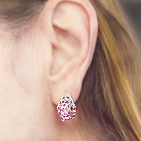 14K Gold Ruby Diamond Panther Earrings: Two-Tone … - image 5
