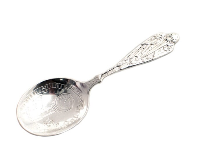 Sterling Silver Birth Record Baby Spoon Engraved tootie Vintage Keepsake Stork & Grandfather
