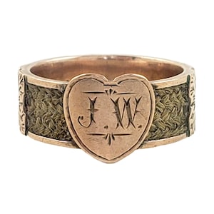 Victorian Mourning Ring in 9K Gold - JW in Heart with Plaited Hair - Size 7.75