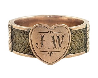 Victorian Mourning Ring in 9K Gold - JW in Heart with Plaited Hair - Size 7.75