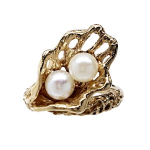 Unique 14K Gold and Double Pearl Ring in Naturalistic Design - Size 5.5