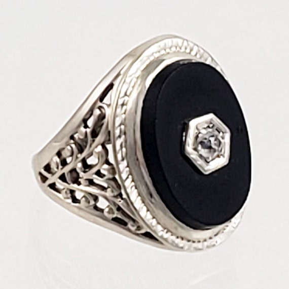 14K White Gold, Black Onyx and White Topaz Ring -… - image 2