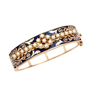 Victorian Enameled Gold & Pearl Bangle - Handcrafted Bracelet - 14K Rosy Gold with 19 Pearls - 6.5&quot; Inner Circumference