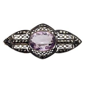 Art Deco Sterling Silver and Amethyst Brooch with Marcasites - 2 1/16&quot; Wide