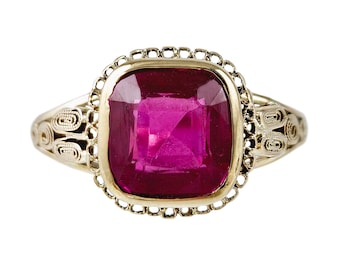 Art Deco 10K Gold Filigree Ring with Created Ruby - Size 6.5