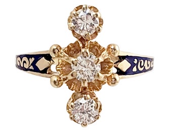 Enameled 14K Gold and 3 Diamond Ring: Victorian Revival, 1/2 ctw, Size 6.75