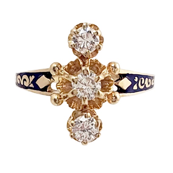 Enameled 14K Gold & 3 Diamond Ring  - Outstanding… - image 1