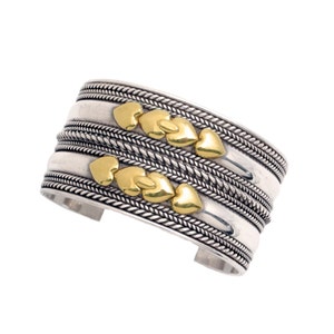 Wide Sterling Silver Cuff with 18K Gold Hearts - Weighs Over 2 ozt.-  Italian Made - 7&quot; Inner Circumference