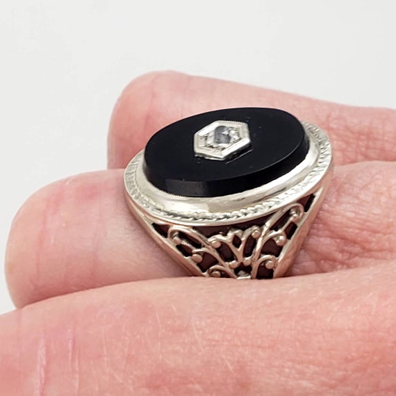 14K White Gold, Black Onyx and White Topaz Ring -… - image 6