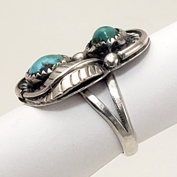Silver and Double Turquoise Ring Signed E Ration … - image 7