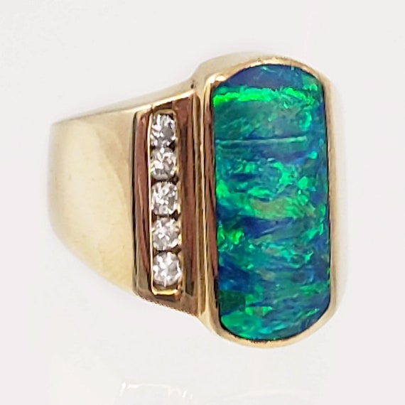 14K Gold, Black Opal & Diamond Ring - Unique Cont… - image 2