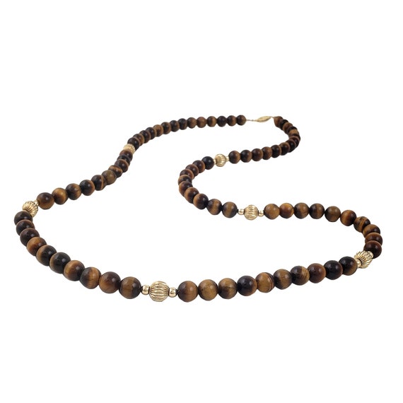 14K Gold and Tiger Eye Bead Necklace - 30" Long