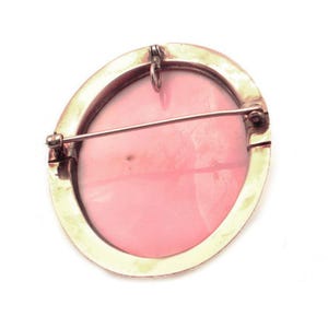May include: A pink cameo brooch with a gold-toned metal setting. The brooch has a pin and a loop for attaching to clothing.