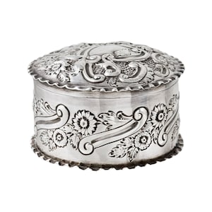 Antique Sterling Silver Round Box with Hinged Lid - Deakin & Francis - 3&quot; Diameter, 1.75&quot; Tall