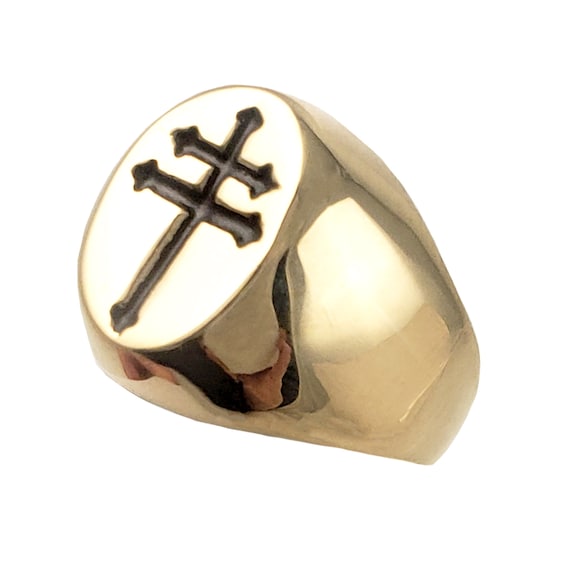 Solid 14K Gold Signet Ring With Cross of Lorraine Freemason