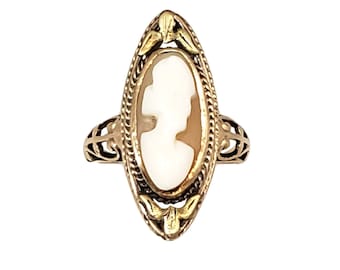 Antique Shell Cameo Ring - Ornate 10K Gold Setting - Size 4