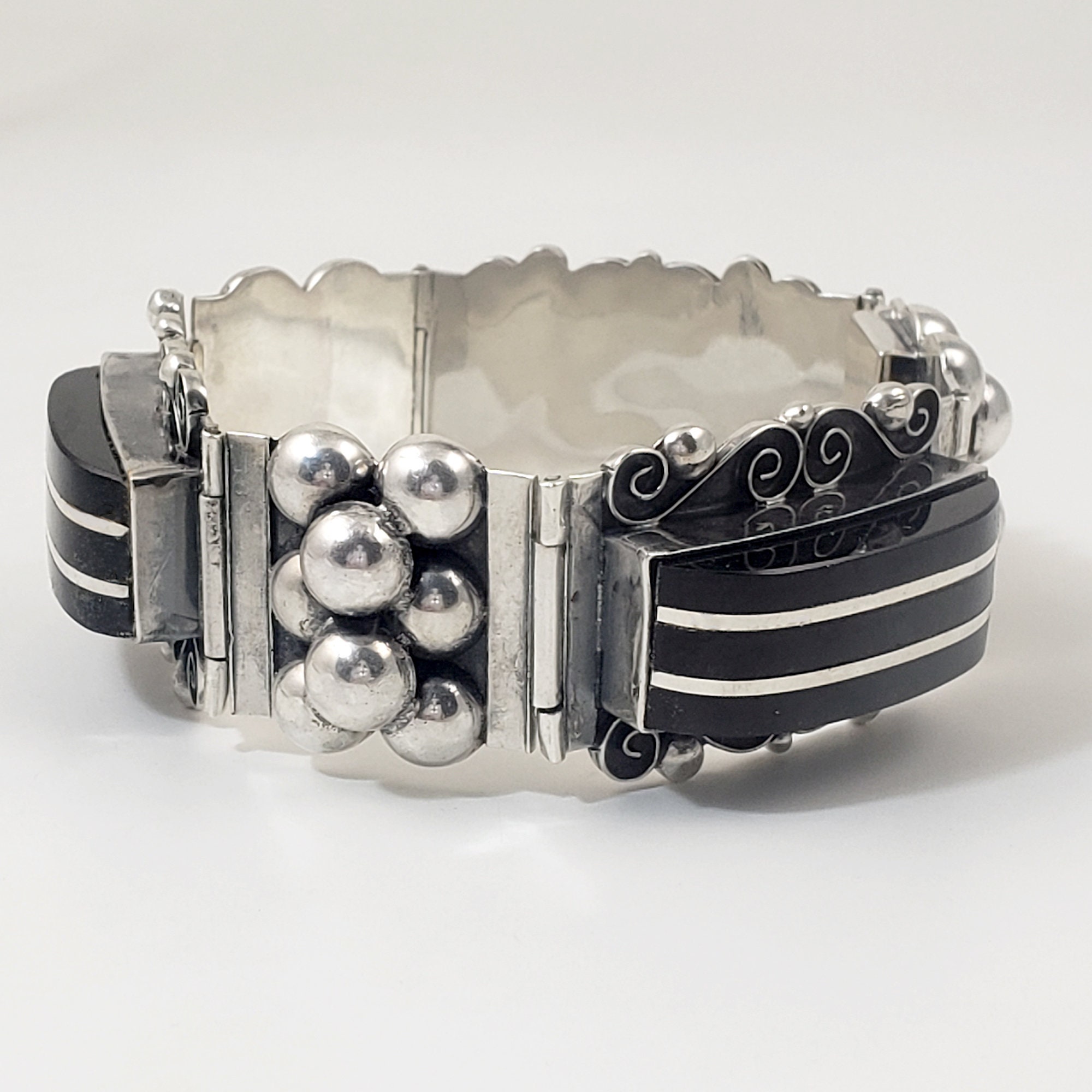 メキシコ 950 シルバー ブラックオニキス インレイ ストライプ ヴィンテージ Vintage Mexican Black Onyx and Sterling Silver Retro