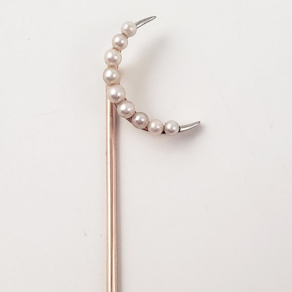 Antique 14K Gold and Pearl Crescent Moon Stickpin… - image 2