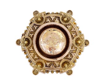 Könnte beinhalten: Eine goldfarbene antike Brosche mit aufwendigen Filigran- und floralen Details. Die Mitte zeigt ein erhabenes, kreisförmiges Design mit geätzten botanischen Mustern. Die Brosche hat eine sechseckige Form mit aufwendigen Verzierungen und zeigt eine Vintage-Ästhetik.