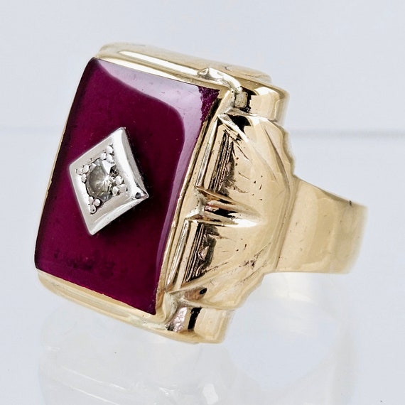 Vintage Mens 10K Gold and Ruby Ring with Diamond … - image 5