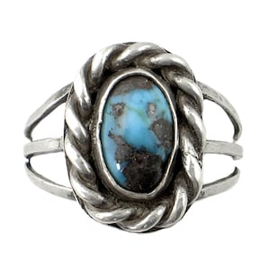 Vintage Turquoise Ring in Silver with Roped Edge- Southwestern Style - Size 8.75
