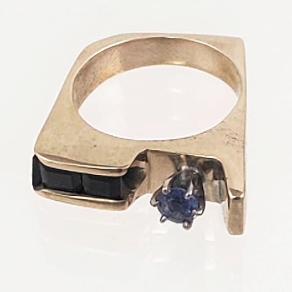 Modernist 14K Gold & Sapphire Ring • Unique Handc… - image 3