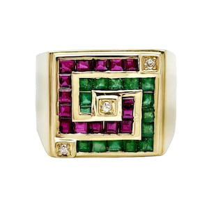 Vintage Italian 18K Gold Ring with Rubies, Emeralds and Diamonds - Geometric Design - Size 8.5