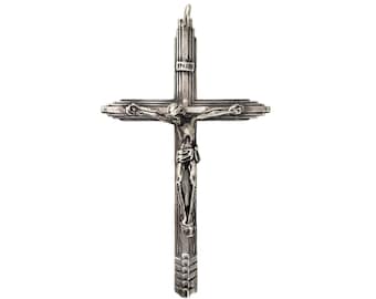 Vintage Sterling Silver Crucifix Pendant: Arts & Crafts Design, 2.25"