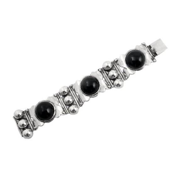 Vintage Silver & Black Onyx Link Bracelet  - 2.5 … - image 1